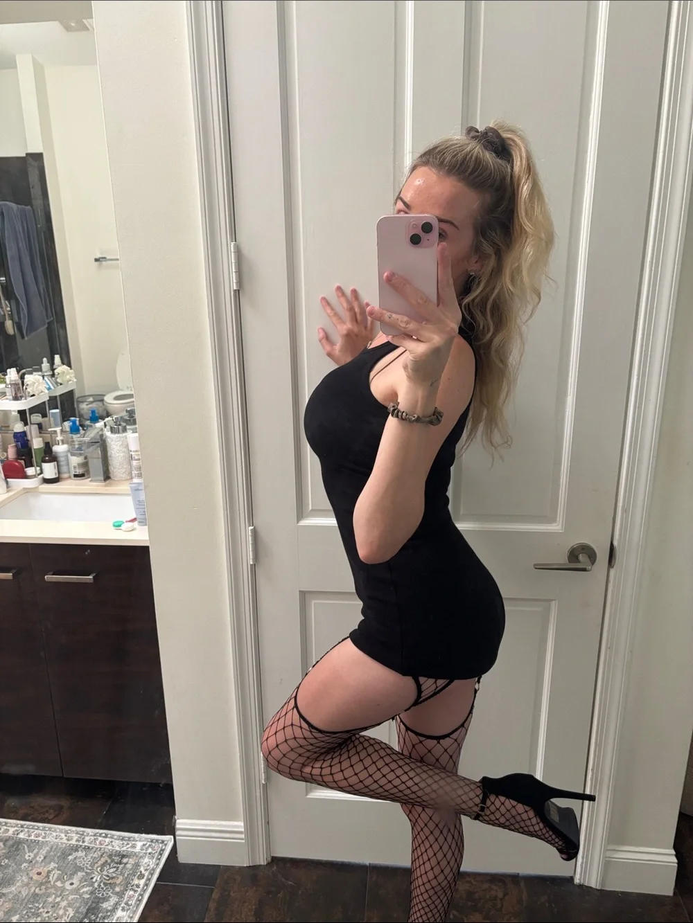 Black Fishnet Thigh-High Stockings with Ring Detail